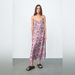 NWT Zara Satin Floral Spaghetti Strap Slip Dress Size US XS